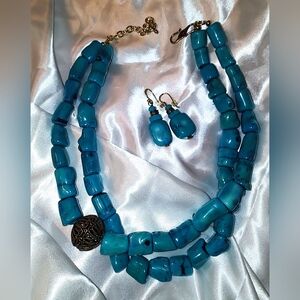 Vintage Barse Dyed Blue Turquoise Coral Necklace & Earring Set